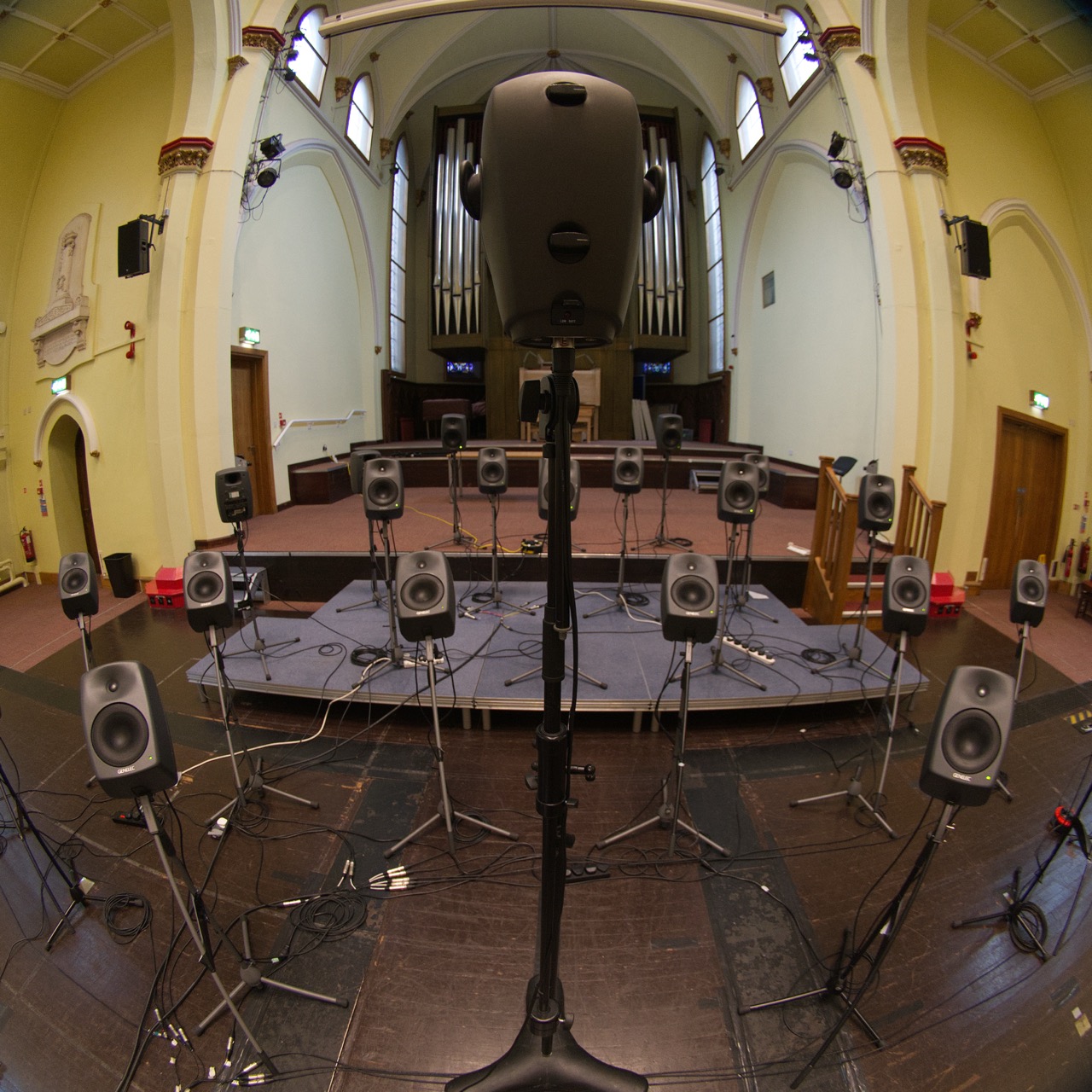 Wide-angle view of a studio monitor array
